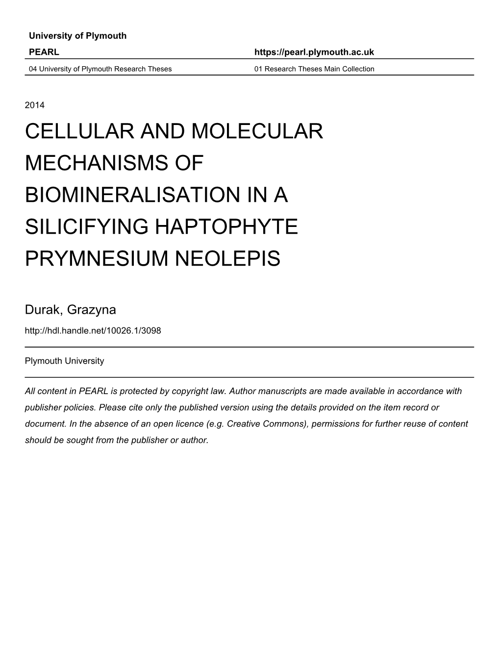 Cellular and Molecular Mechanisms of Biomineralisation in a Silicifying Haptophyte Prymnesium Neolepis