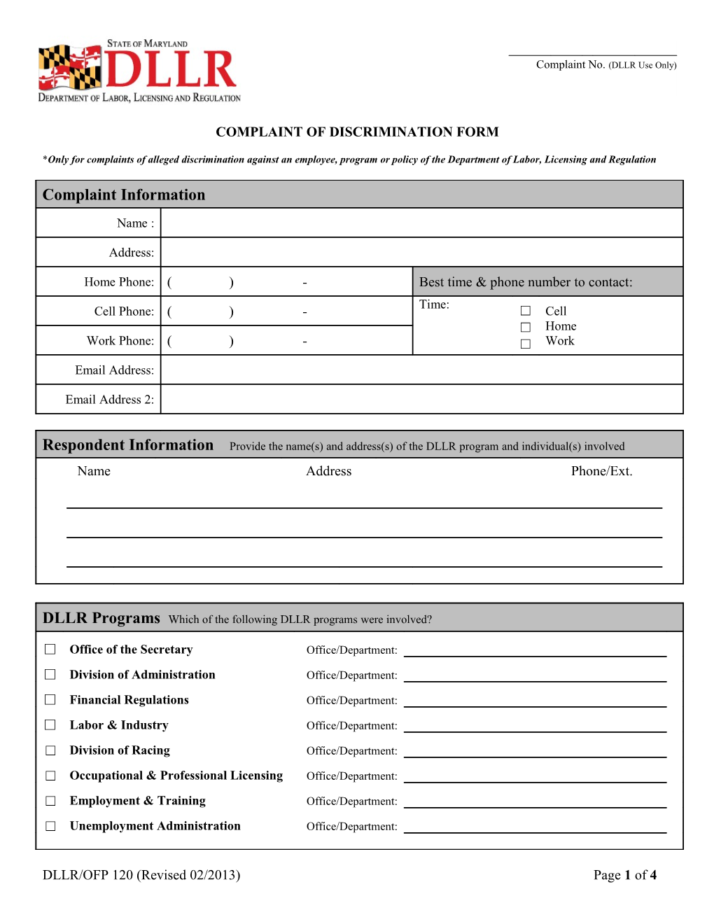 DLLR/OFP 120 (Revised 02/2013) Page 1 of 4