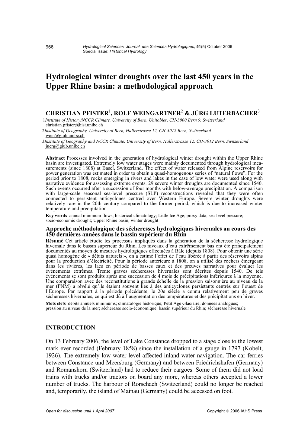 Hydrological Winter Droughts Over the Last 450 Years in the Upper Rhine Basin: a Methodological Approach