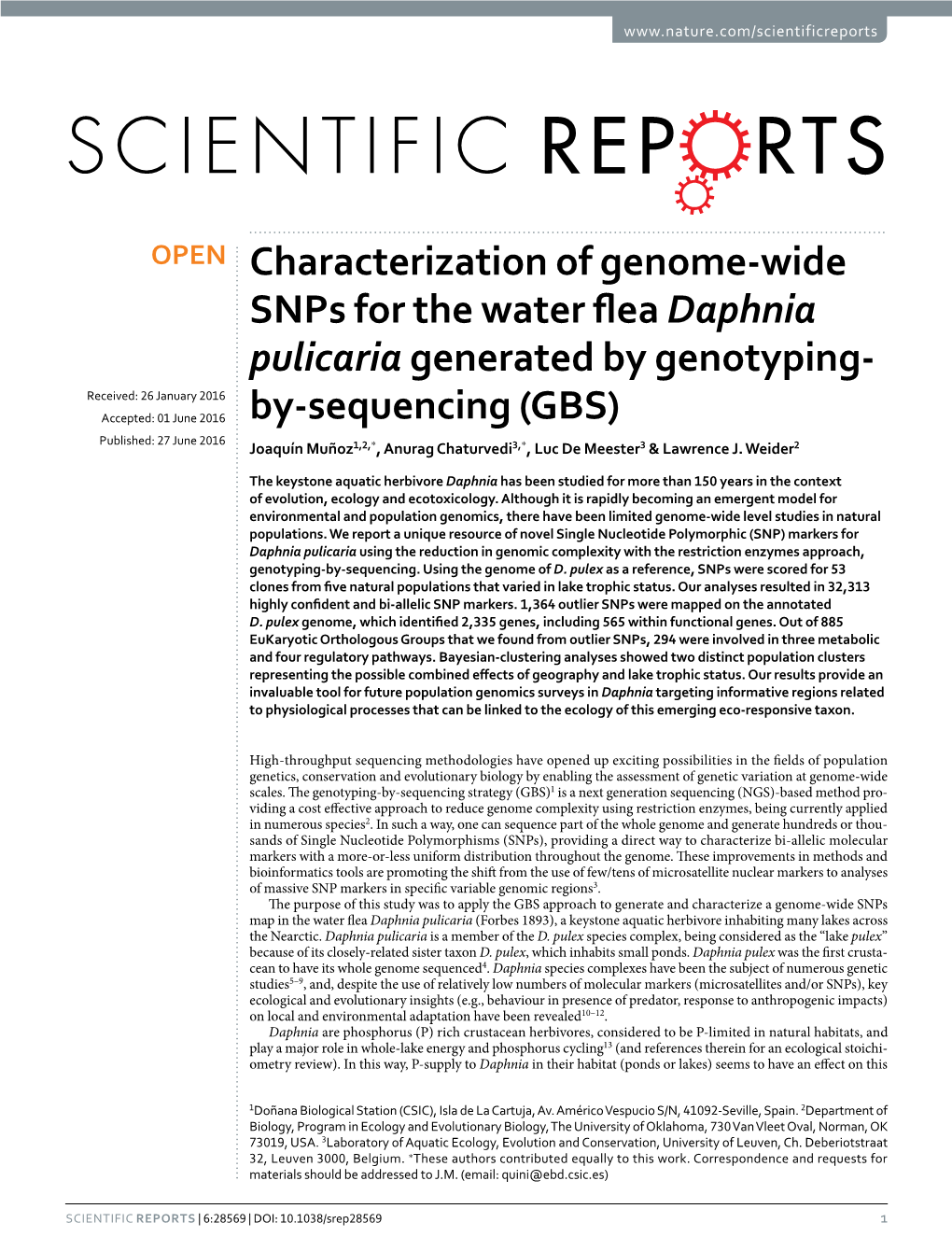 Characterization of Genome-Wide Snps for the Water Flea Daphnia Pulicaria Generated by Genotyping-By-Sequencing (GBS)