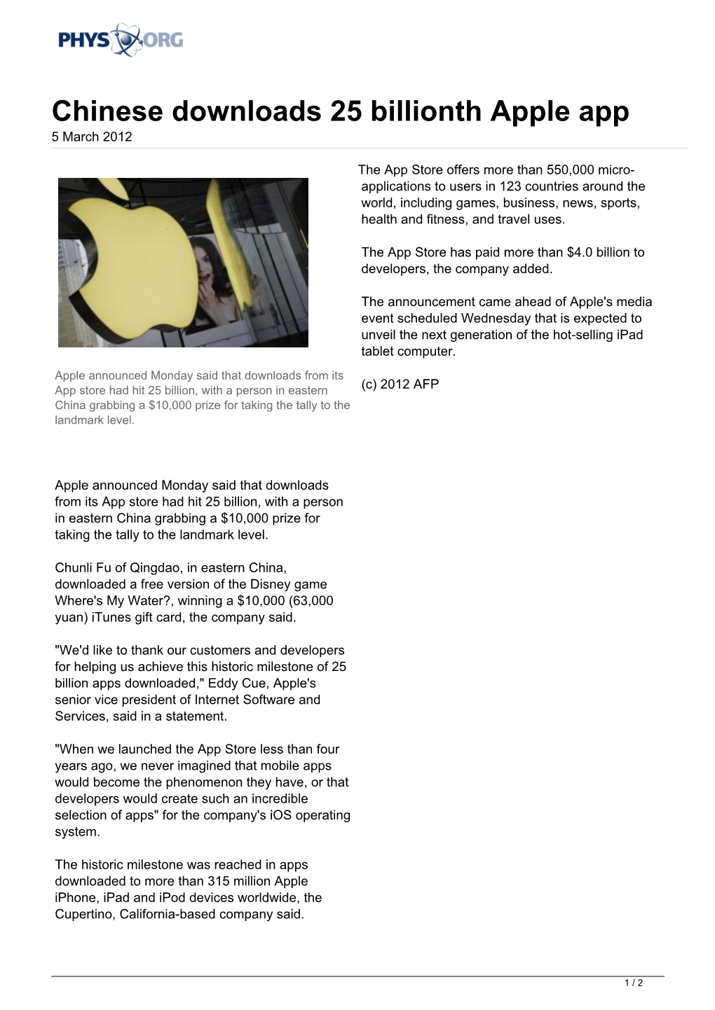 Chinese Downloads 25 Billionth Apple App 5 March 2012