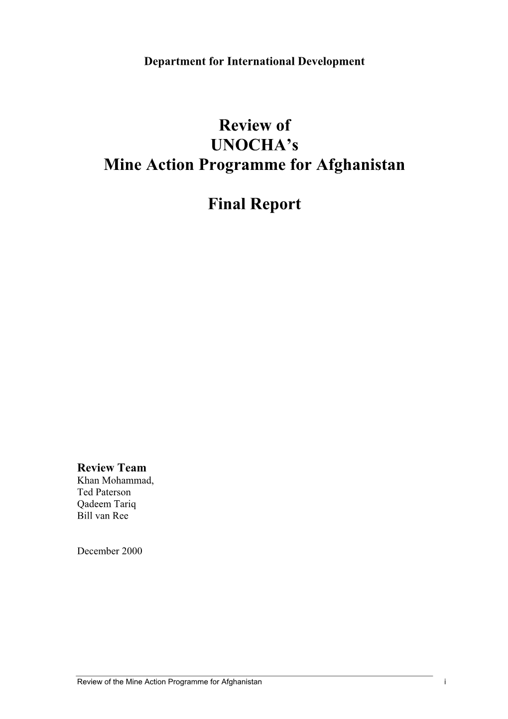 Review of UNOCHA's Mine Action Programme for Afghanistan Final