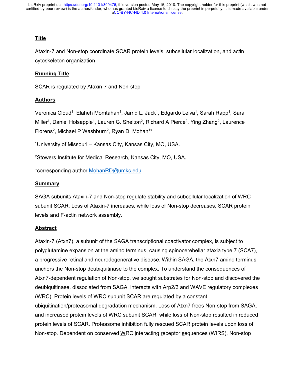 Ataxin-7 and Non-Stop Coordinate SCAR Protein Levels, Subcellular Localization, and Actin Cytoskeleton Organization