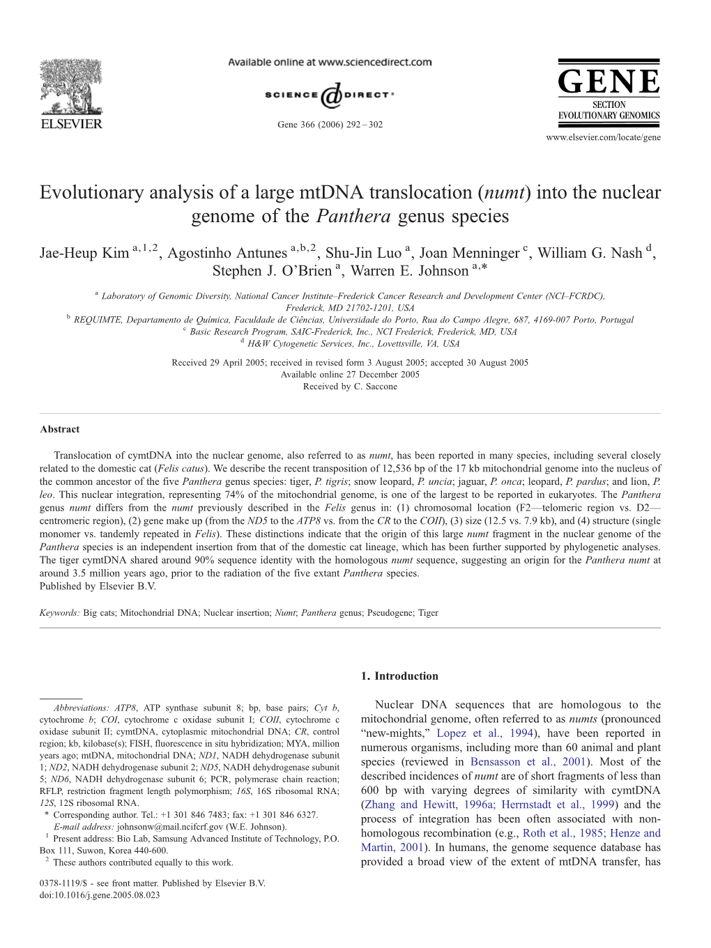 Numt) Into the Nuclear Genome of the Panthera Genus Species