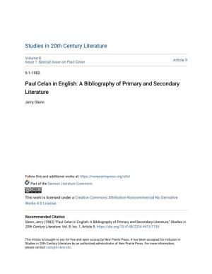 Paul Celan in English: a Bibliography of Primary and Secondary Literature