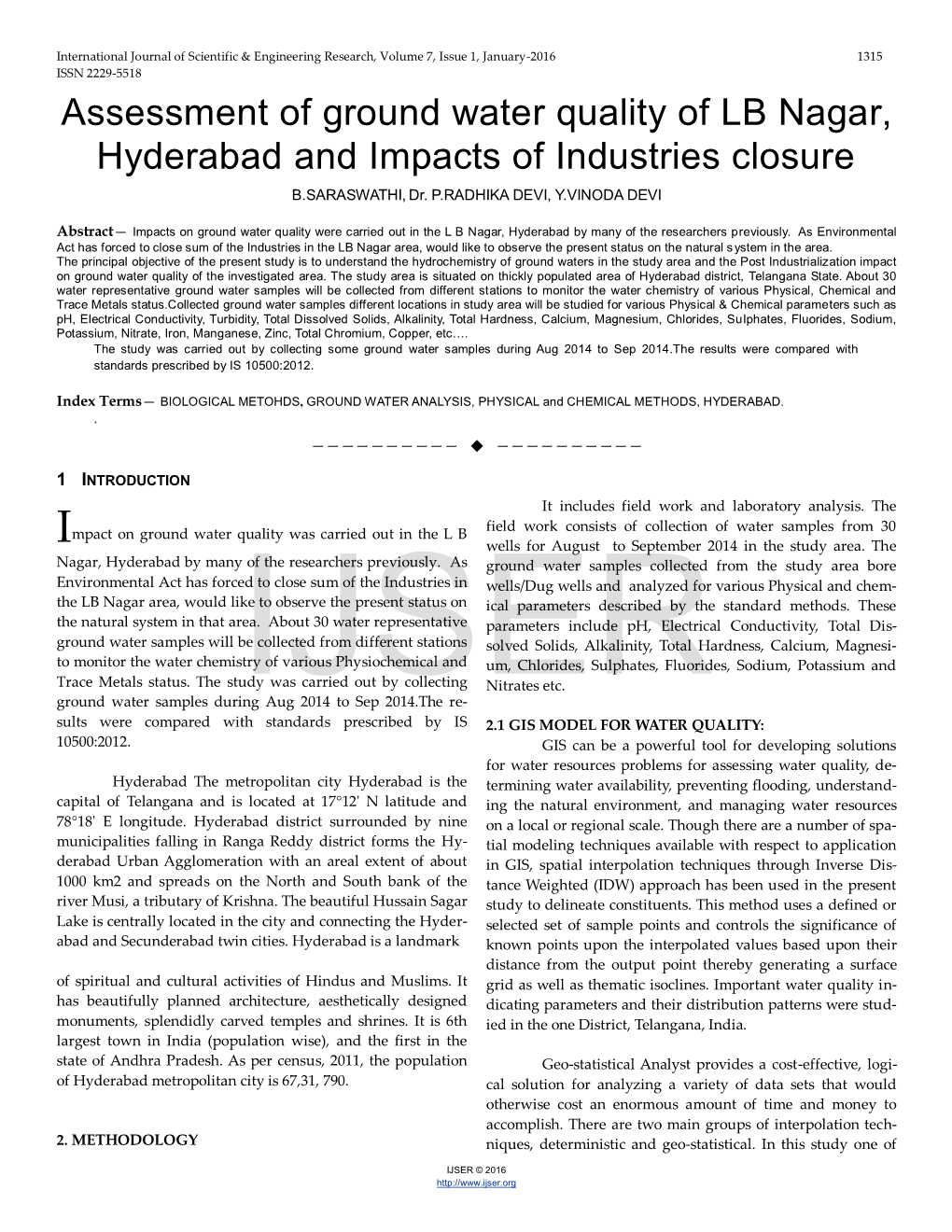 Assessment of Ground Water Quality of LB Nagar, Hyderabad and Impacts of Industries Closure B.SARASWATHI, Dr