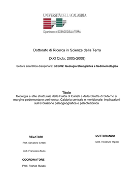 Dottorato Di Ricerca in Scienze Della Terra (XXI Ciclo; 2005-2008)