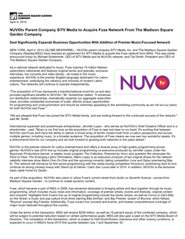 Nuvotv Parent Company Sitv Media to Acquire Fuse Network from the Madison Square Garden Company