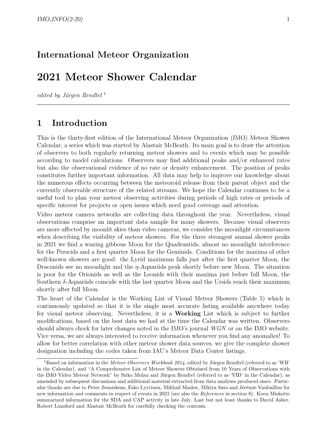 IMO 2021 Meteor Shower Calendar