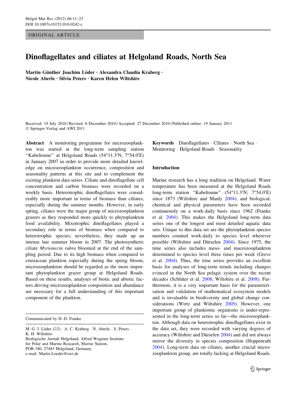 Dinoflagellates and Ciliates at Helgoland Roads, North