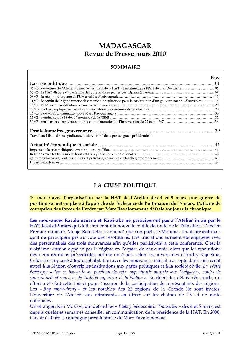 RP Mada MARS 2010 BIS.Doc Page 1 Sur 49 31/03/2010