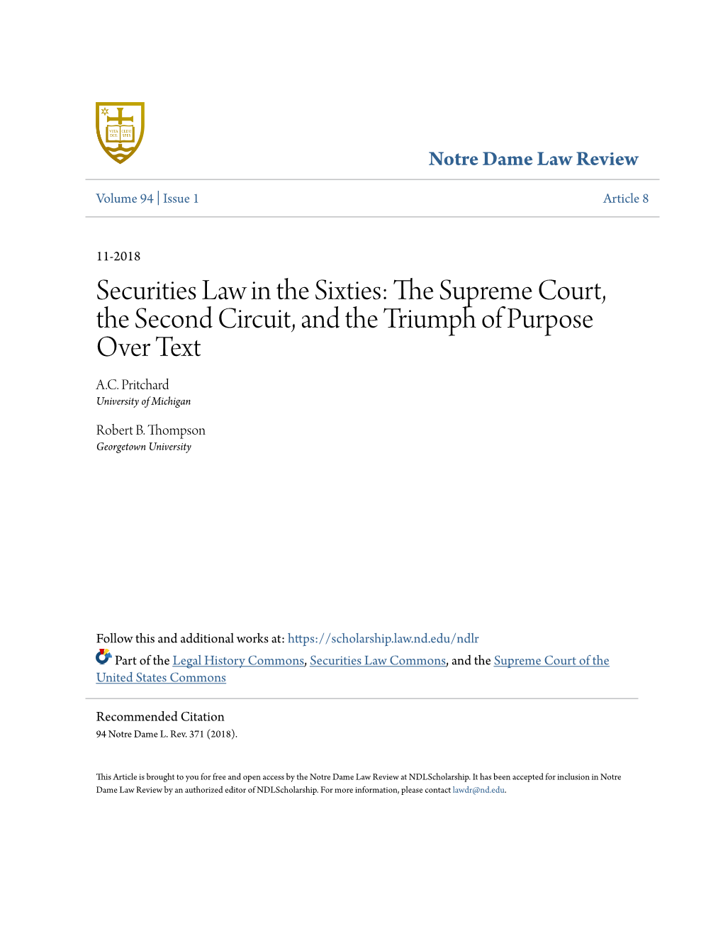 Securities Law in the Sixties: the Supreme Court, the Second Circuit, and the Triumph of Purpose Over Text