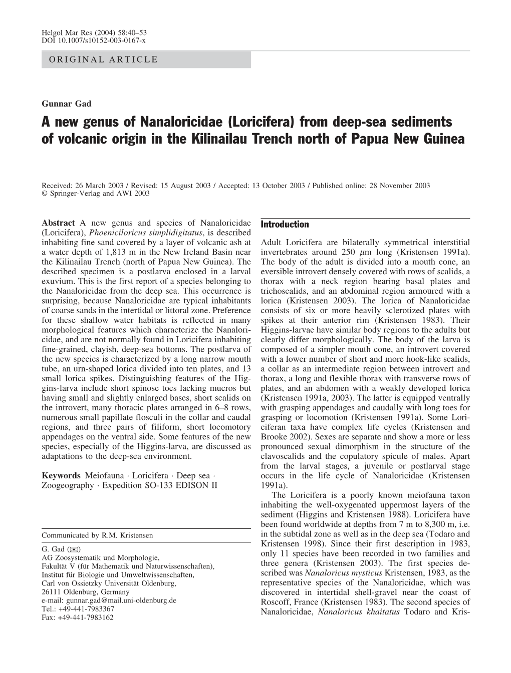 (Loricifera) from Deep-Sea Sediments of Volcanic Origin in the Kilinailau Trench North of Papua New Guinea