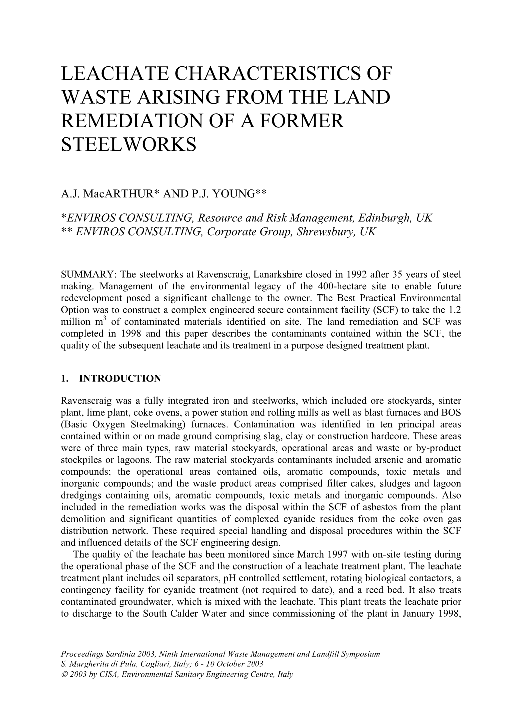 Leachate Characteristics of Waste Arising from the Land Remediation of a Former Steelworks