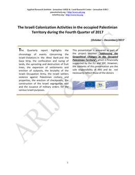 The Israeli Colonization Activities in the Occupied Palestinian Territory During the Fourth Quarter of 2017