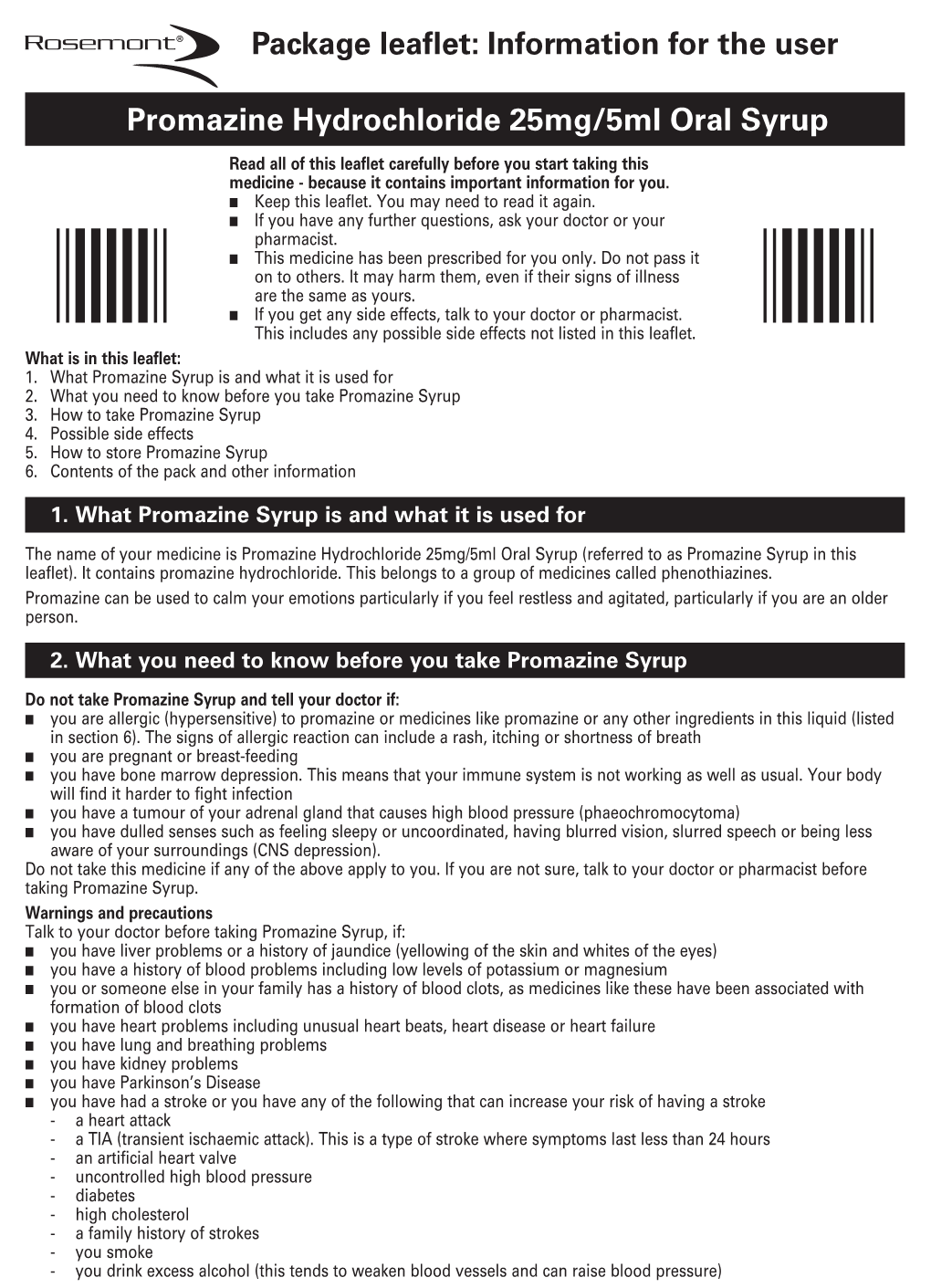 Promazine Hydrochloride 25Mg/5Ml Oral Syrup Package Leaflet