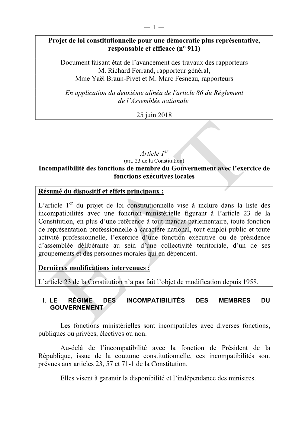 Projet De Loi Constitutionnelle Pour Une Démocratie Plus Représentative, Responsable Et Efficace (N° 911)