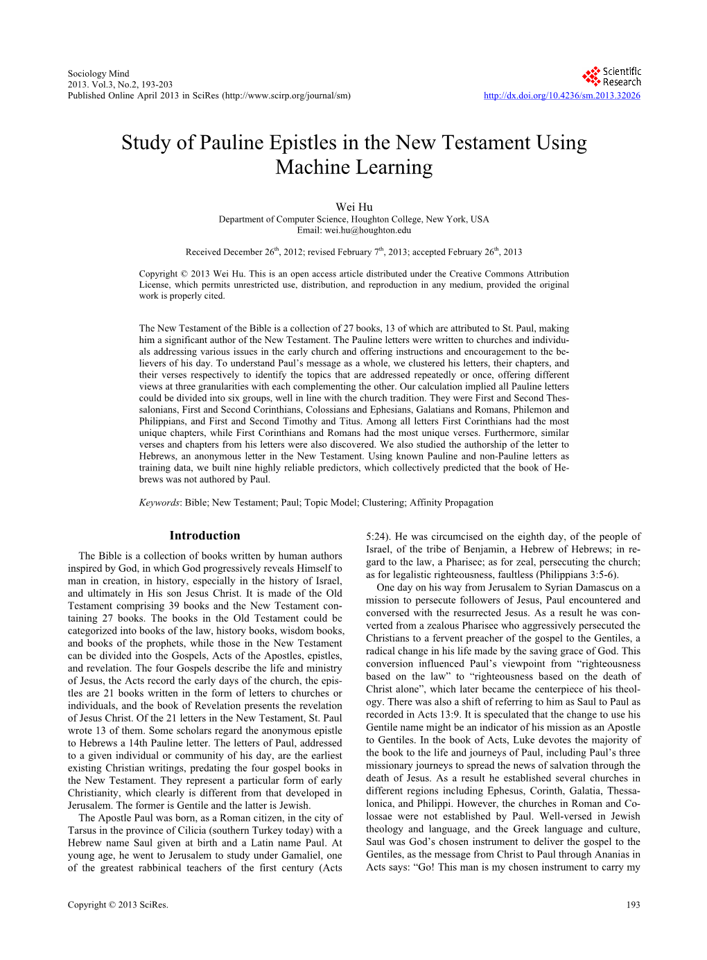 Study of Pauline Epistles in the New Testament Using Machine Learning