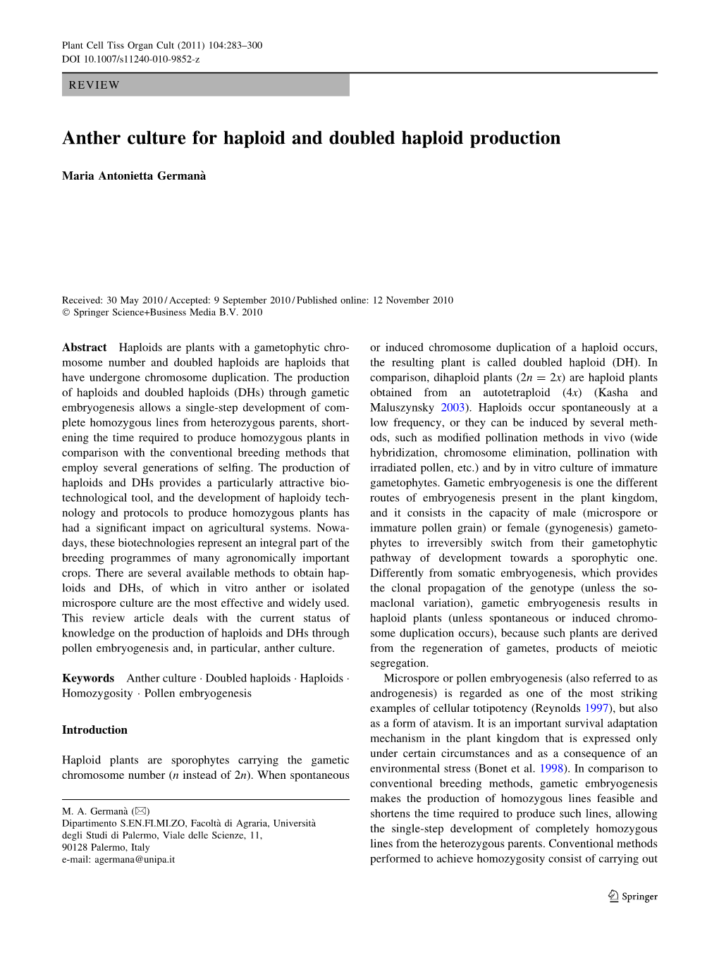 Anther Culture for Haploid and Doubled Haploid Production