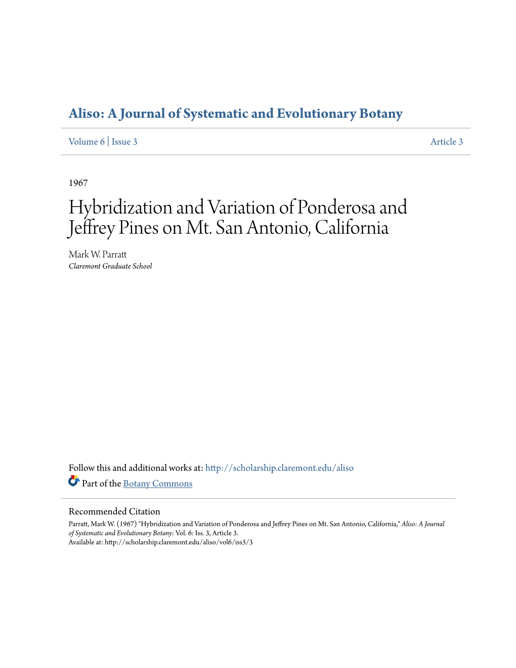 Hybridization and Variation of Ponderosa and Jeffrey Pines on Mt