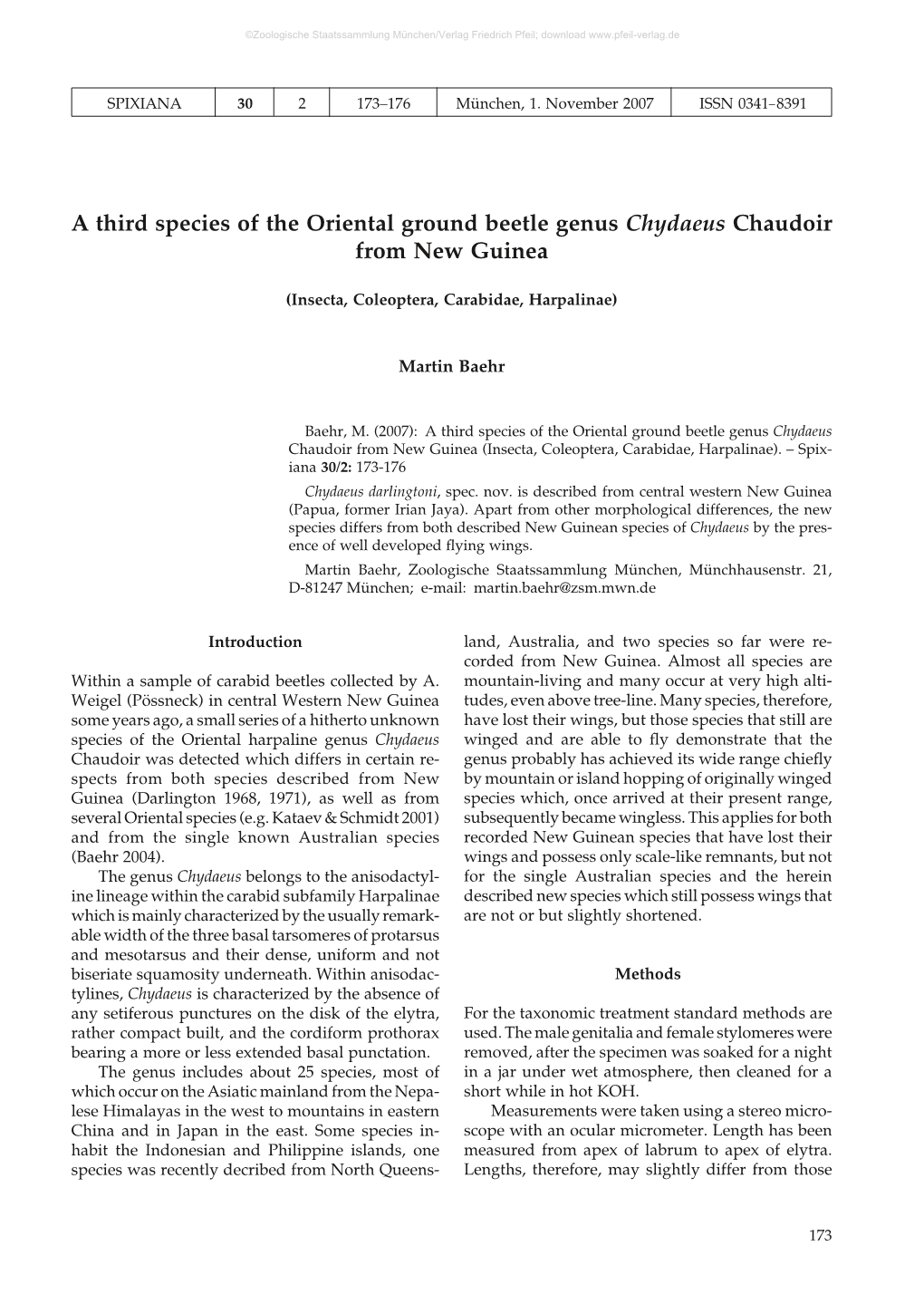 A Third Species of the Oriental Ground Beetle Genus Chydaeus Chaudoir from New Guinea