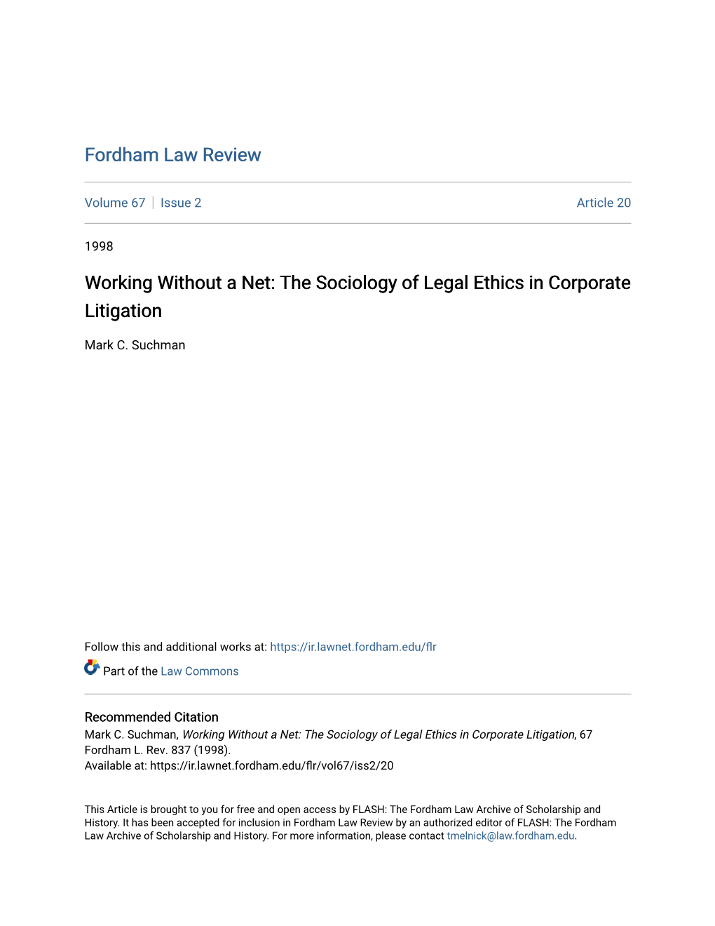 The Sociology of Legal Ethics in Corporate Litigation