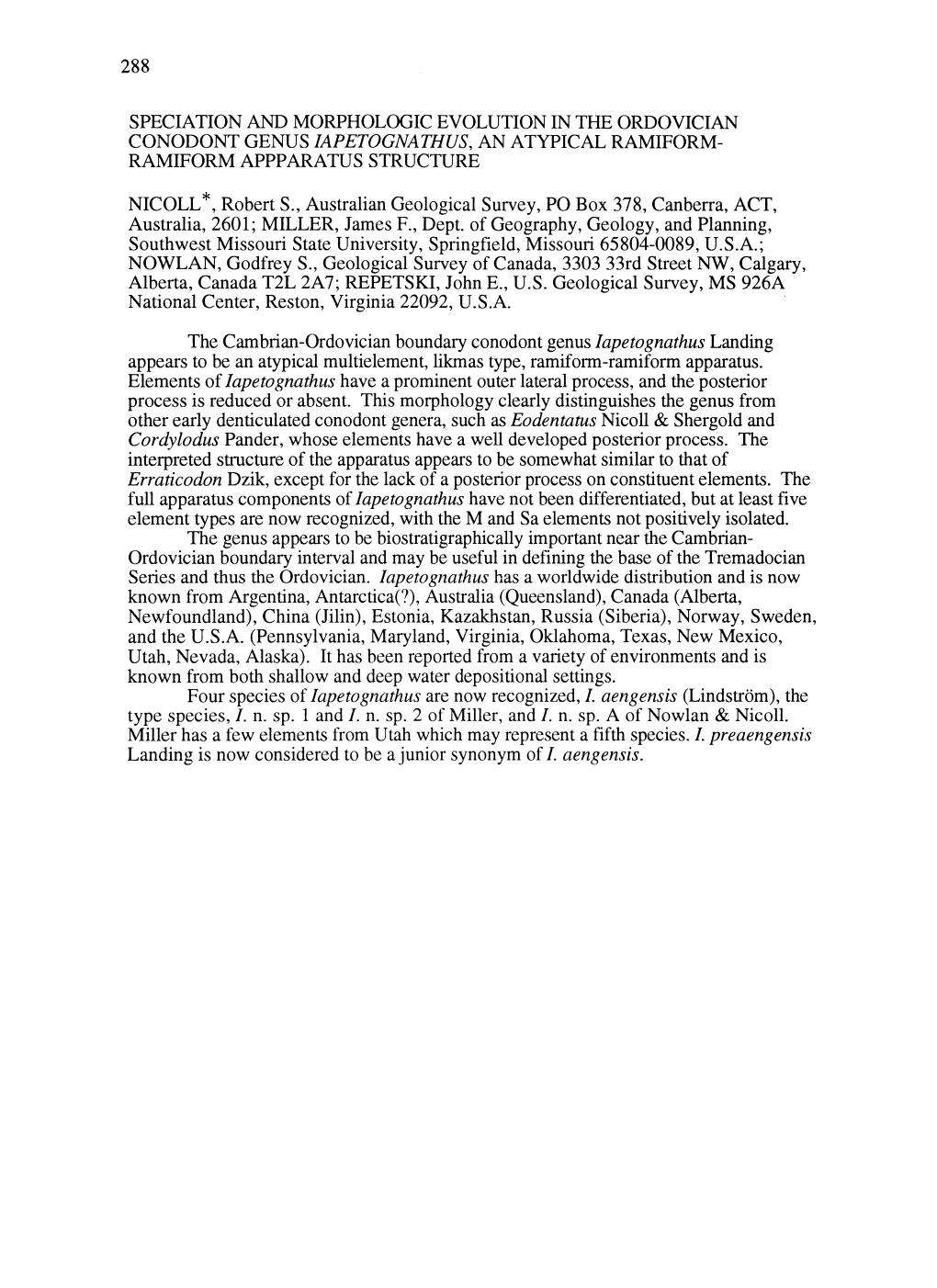 Speciation and Morphologic Evolution in the Ordovician Conodont Genus Iapetognathus, an Atypical Ramiform• Ramiform Appparatus Structure