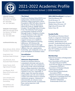 2021-2022 Academic Profile Southwest Christian School | CEEB #442562