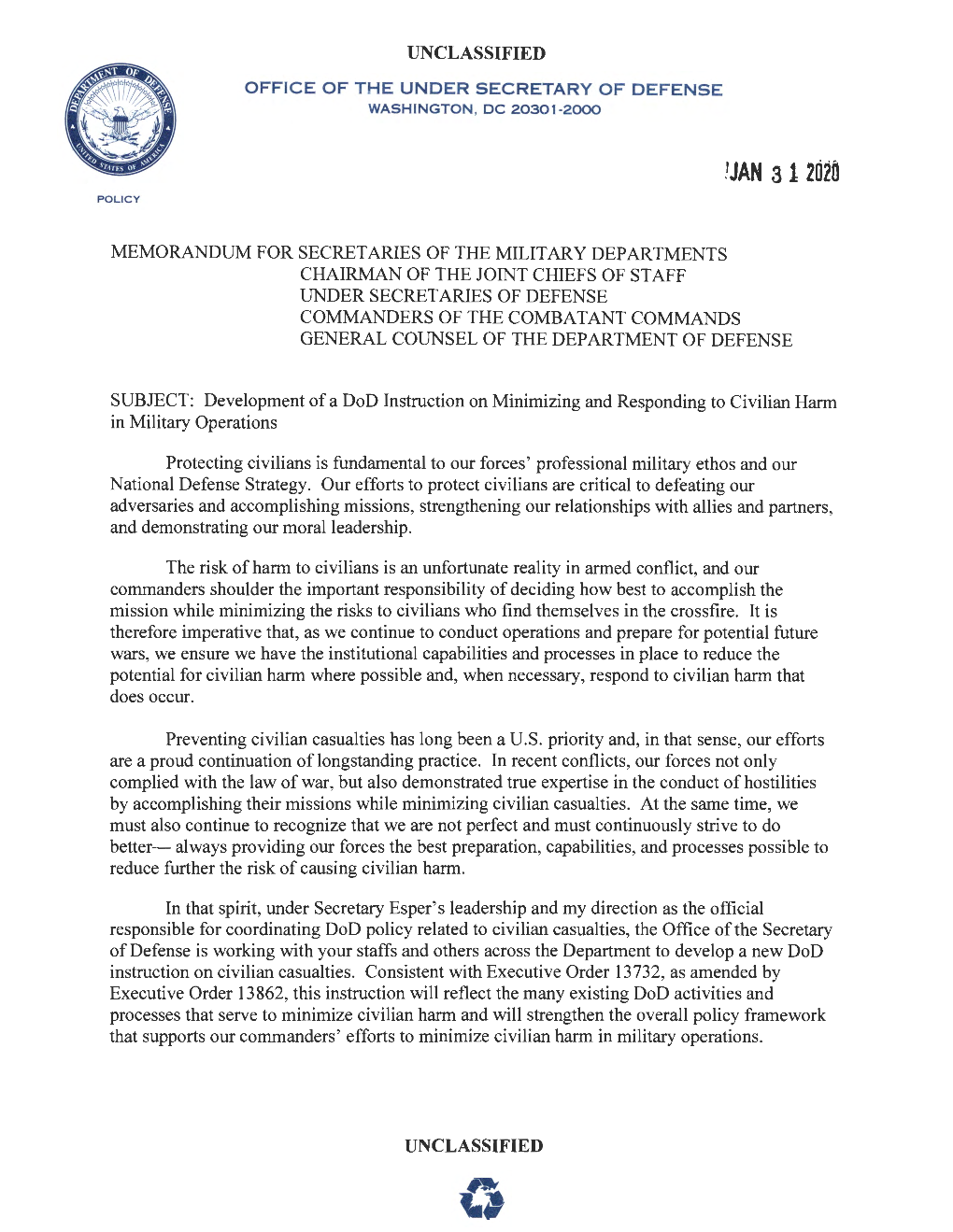 Development of a Dod Instruction on Minimizing and Responding to Civilian Harm in Military Operations