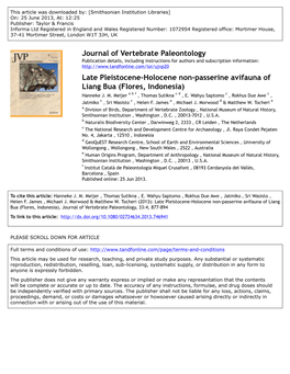 Late Pleistocene-Holocene Non-Passerine Avifauna of Liang Bua (Flores, Indonesia) Hanneke J