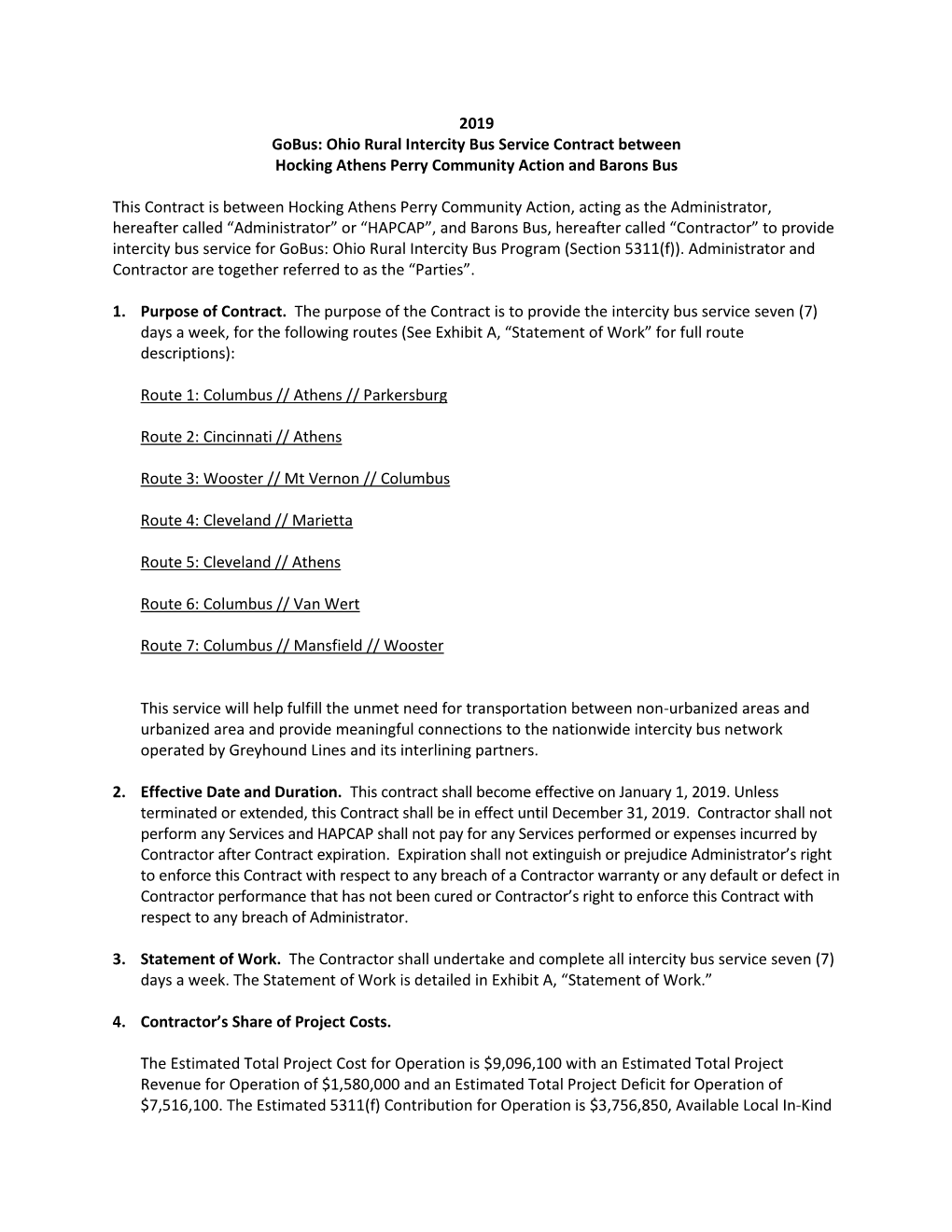 2019 Gobus: Ohio Rural Intercity Bus Service Contract Between Hocking Athens Perry Community Action and Barons Bus This Contrac