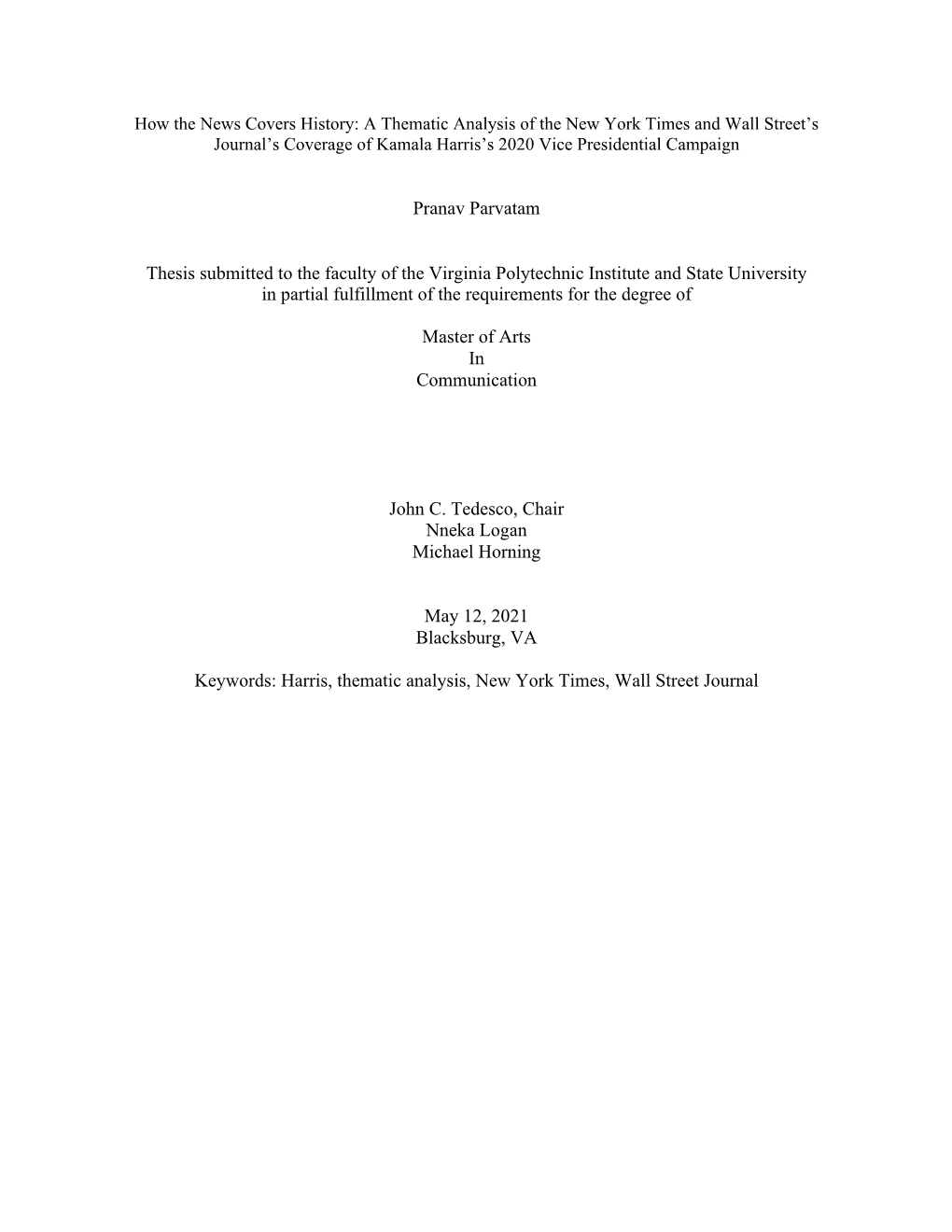 Pranav Parvatam Thesis Submitted to the Faculty of the Virginia