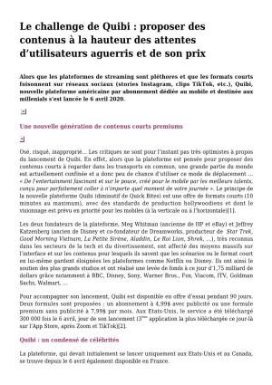 Le Challenge De Quibi : Proposer Des Contenus À La Hauteur Des Attentes D’Utilisateurs Aguerris Et De Son Prix