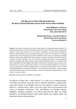 The Buryats in China (Shenehen Buryats): the Role of School Education System in the Preservation of Identity