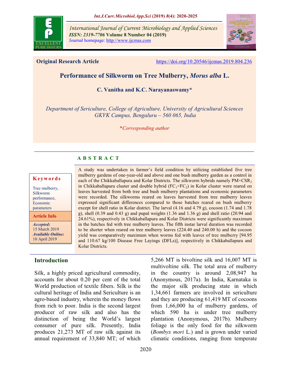 Performance of Silkworm on Tree Mulberry, Morus Alba L