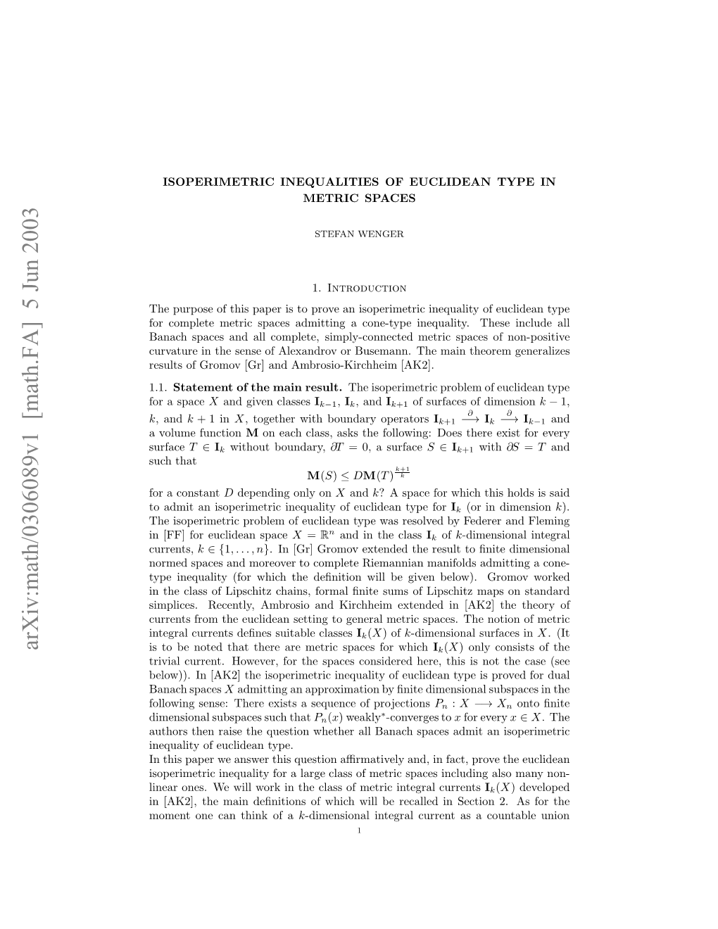 Arxiv:Math/0306089V1 [Math.FA] 5 Jun 2003 Ipie.Rcnl,Aboi N Ichi Xeddi A2 H the Th the Spaces