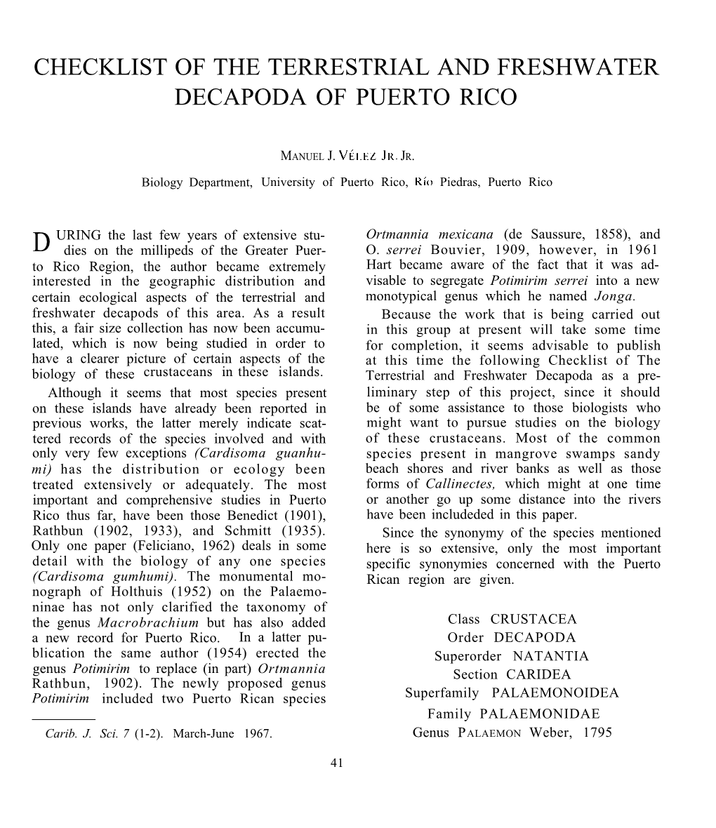 Checklist of the Terrestrial and Freshwater Decapoda of Puerto Rico