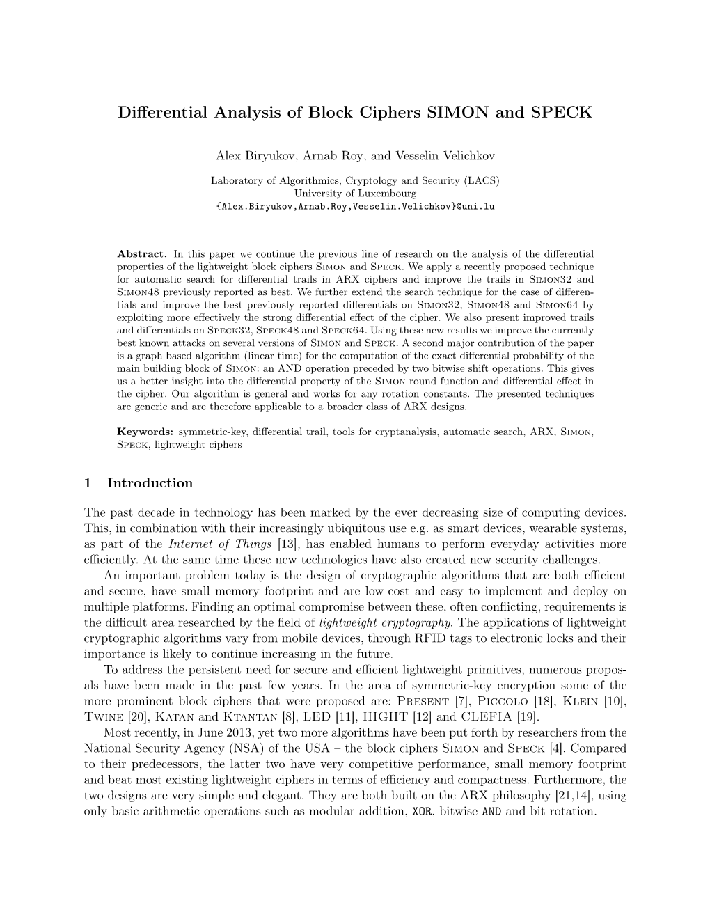 Differential Analysis of Block Ciphers SIMON and SPECK