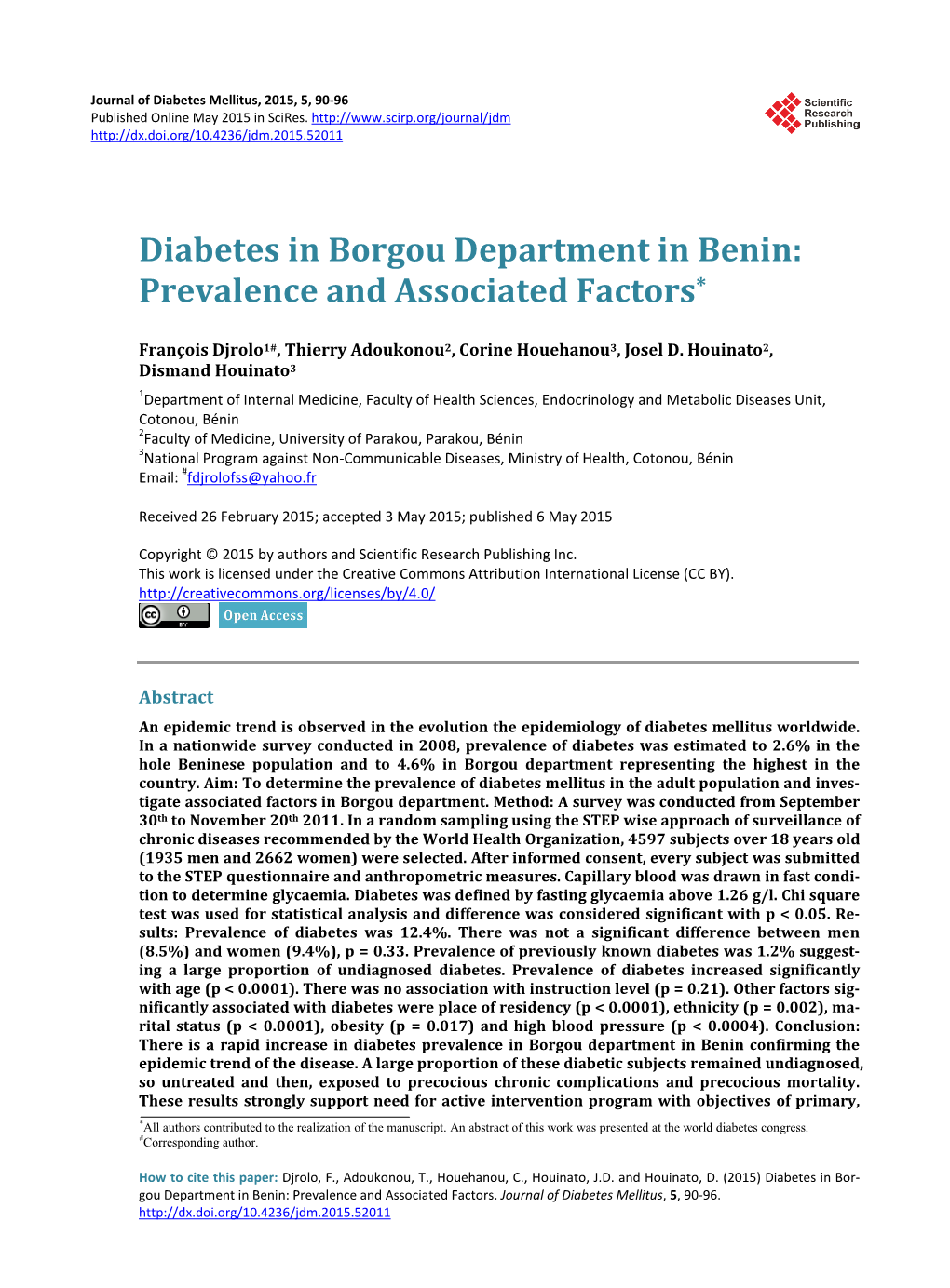 Diabetes in Borgou Department in Benin: Prevalence and Associated Factors*