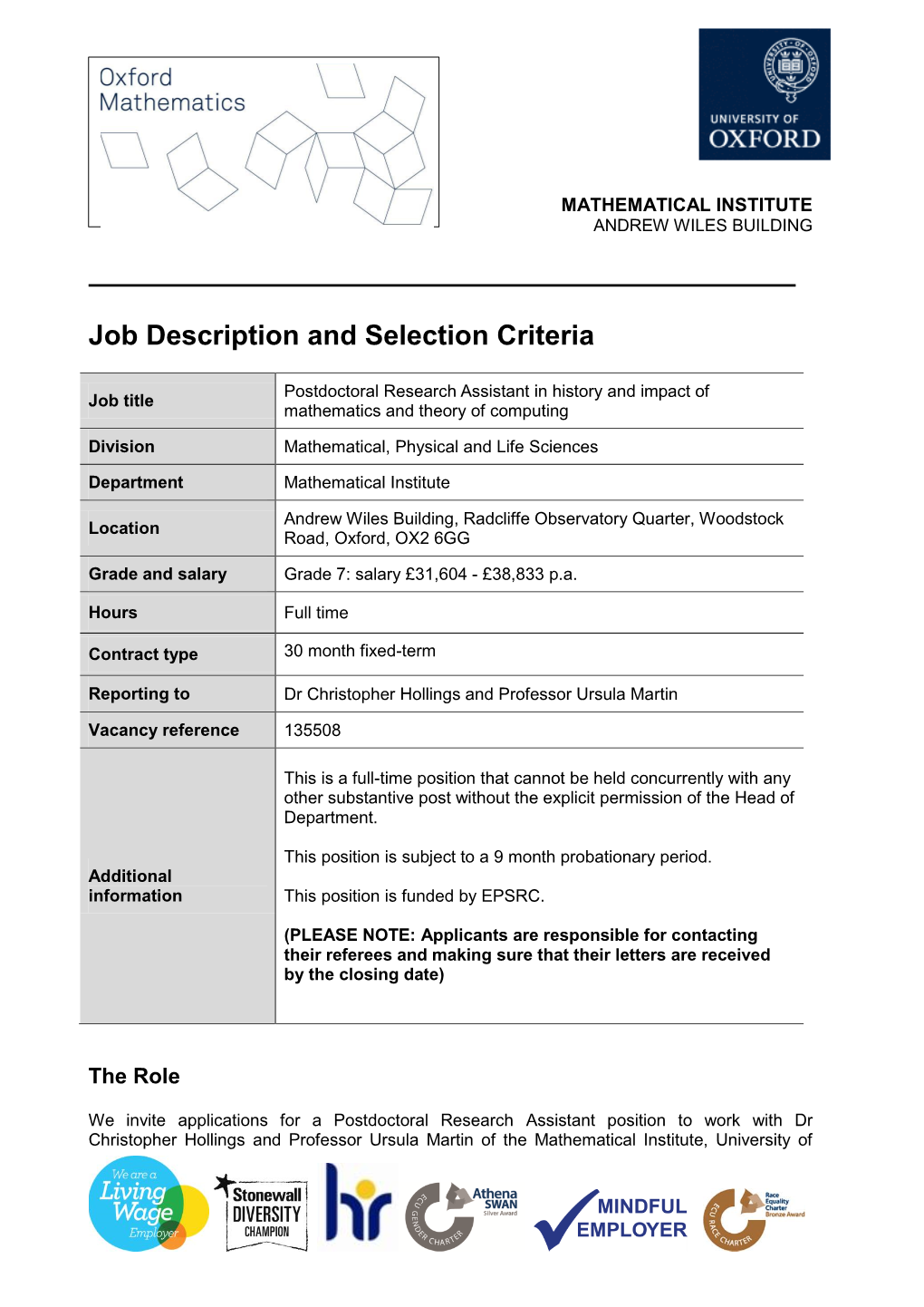 Job Description and Selection Criteria