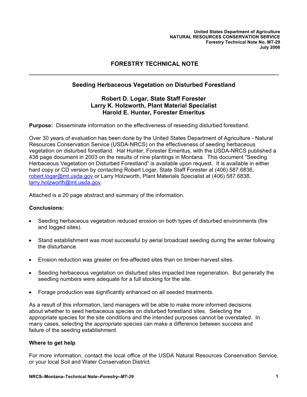 Forestry Technical Note No. MT-29, Seeding Herbaceous Vegetation On