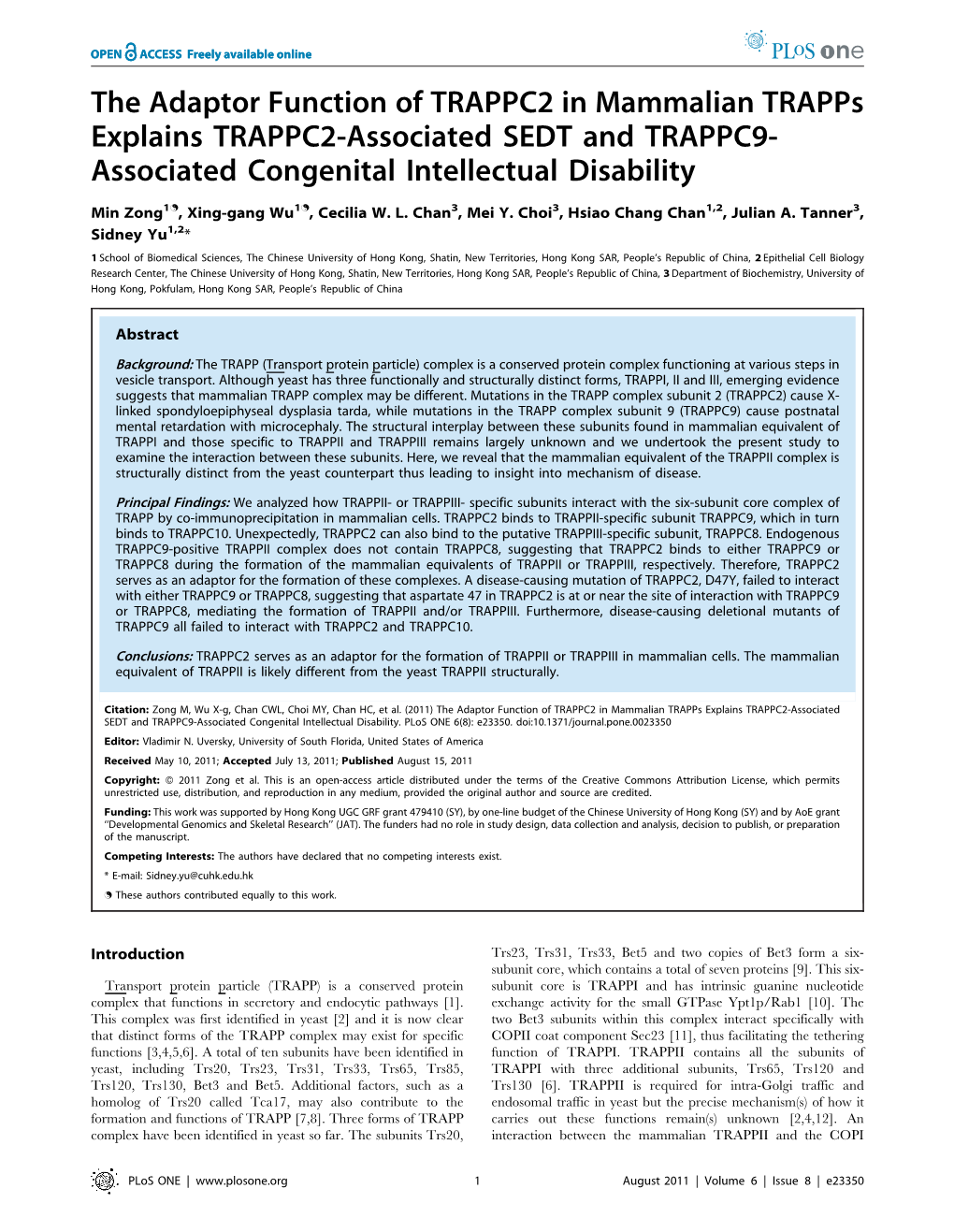 The Adaptor Function of TRAPPC2 in Mammalian Trapps Explains TRAPPC2-Associated SEDT and TRAPPC9- Associated Congenital Intellectual Disability