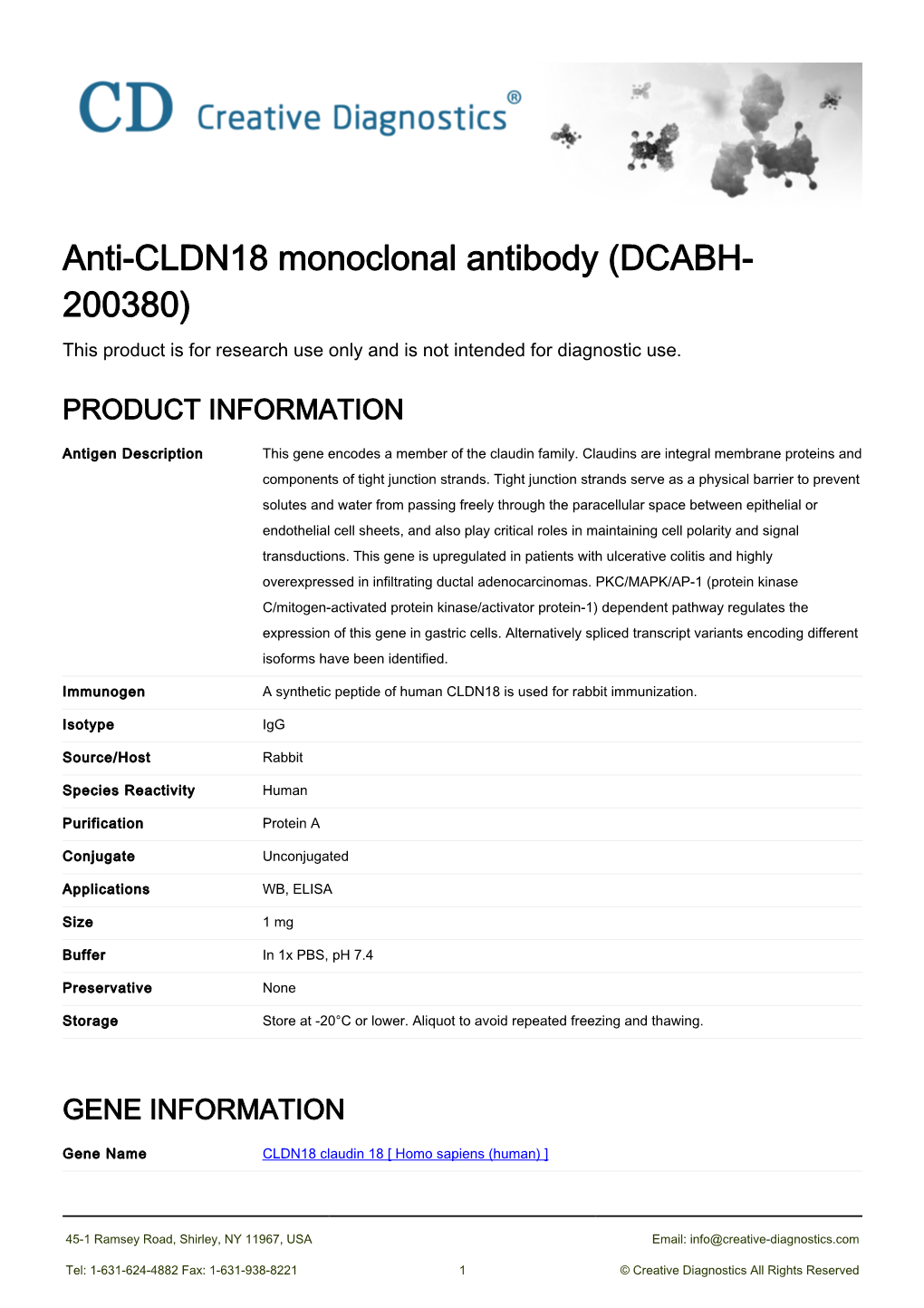 Anti-CLDN18 Monoclonal Antibody (DCABH- 200380) This Product Is for Research Use Only and Is Not Intended for Diagnostic Use