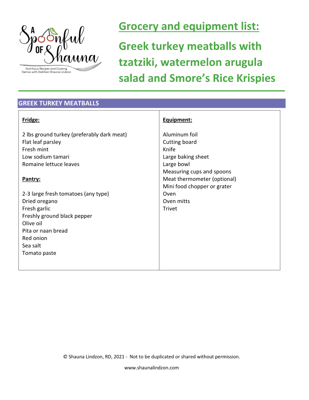 Grocery and Equipment List: Greek Turkey Meatballs with Tzatziki, Watermelon Arugula Salad and Smore’S Rice Krispies