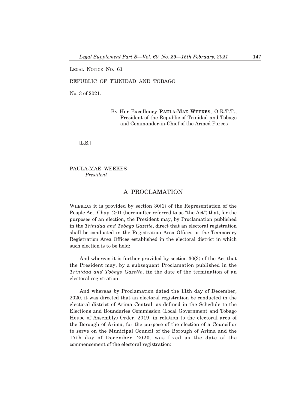 Legal Notice No. 61, Vol. 60, No. 29, 15Th February, 2021