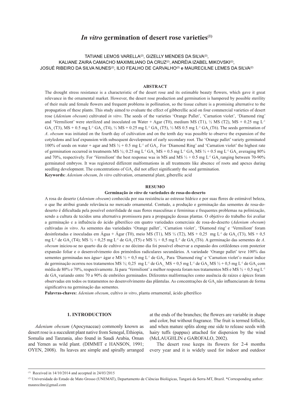 In Vitro Germination of Desert Rose Varieties(1)