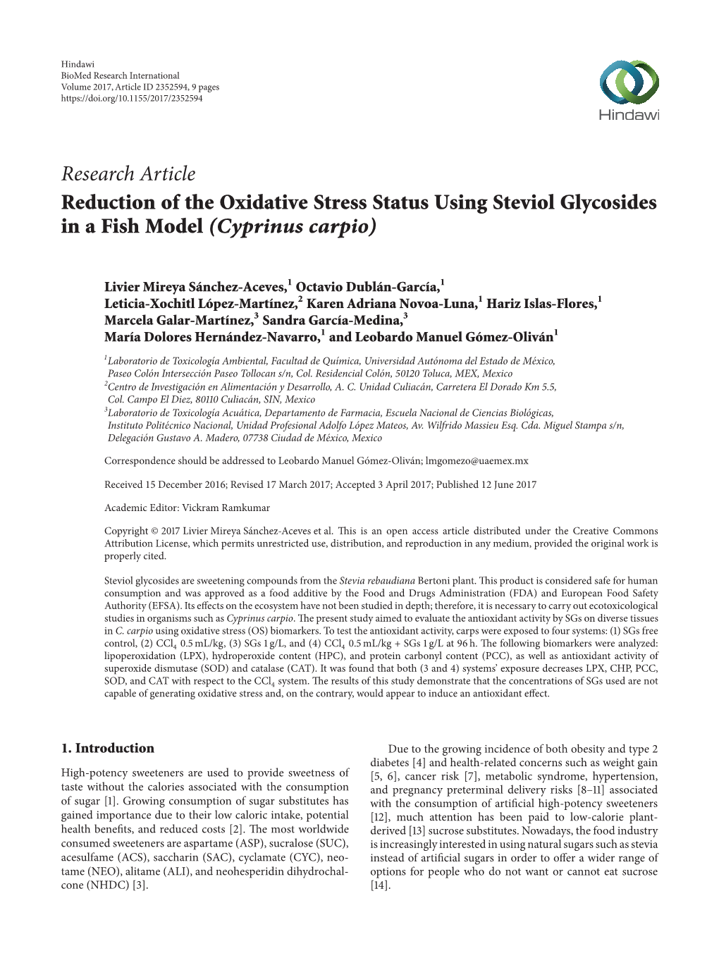 Reduction of the Oxidative Stress Status Using Steviol Glycosides in a Fish Model (Cyprinus Carpio)
