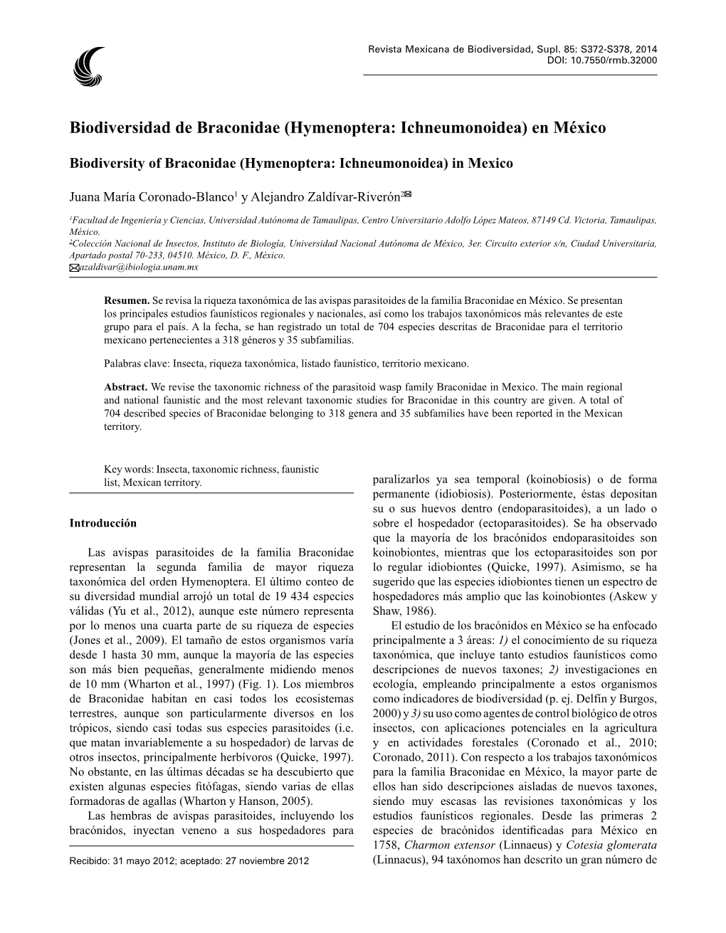 Biodiversidad De Braconidae (Hymenoptera: Ichneumonoidea) En México