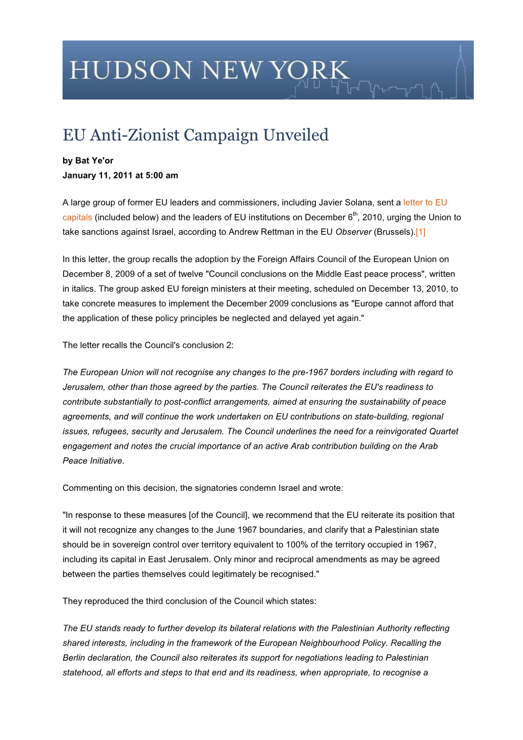 EU Anti-Zionist Campaign Unveiled by Bat Ye'or January 11, 2011 at 5:00 Am