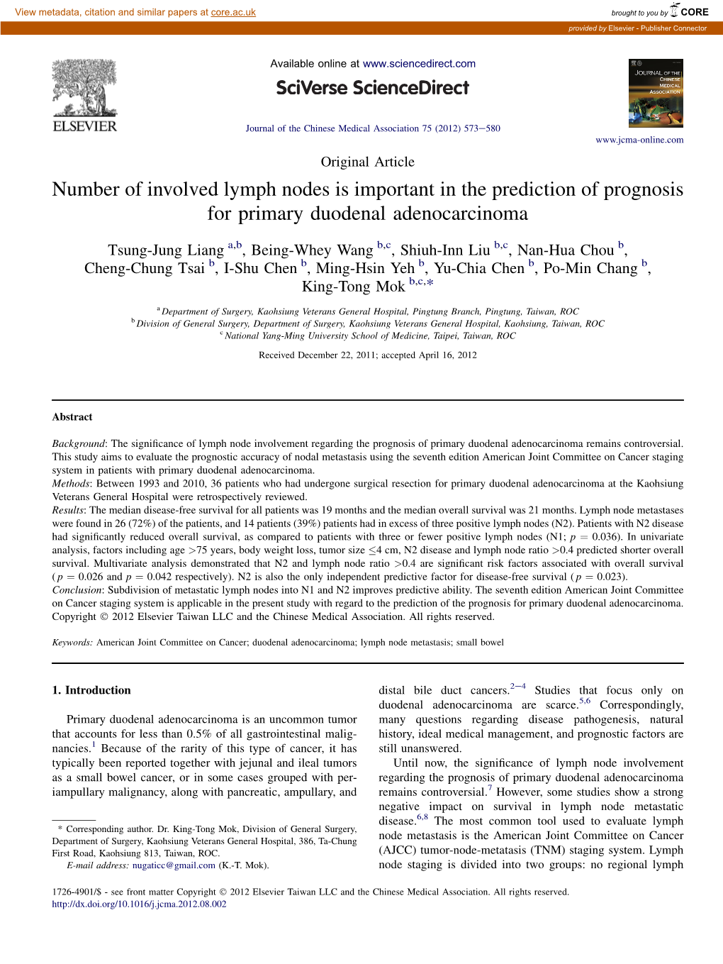 Number of Involved Lymph Nodes Is Important in the Prediction of Prognosis for Primary Duodenal Adenocarcinoma